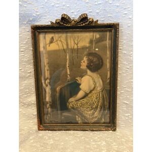 Vintage 1920's Framed Print Spring Song Simon Glucklich, Girl w/Bird Read